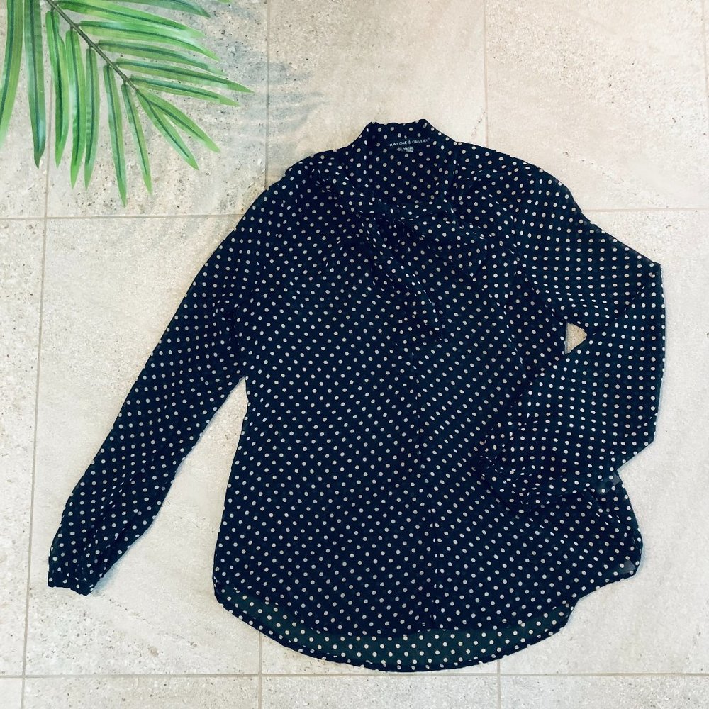 Harlowe and Graham Black Polkadot Sheer Tie Front Long Sleeved Blouse